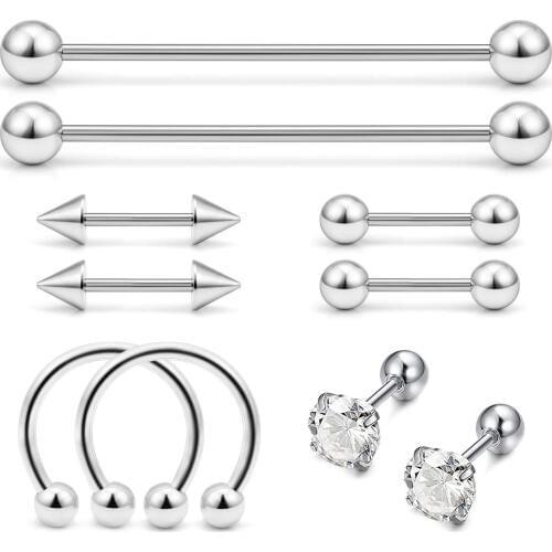 JFORYOU 10 Pcs Stainless Steel Cartilage Piercing Industrial Barbell Tragus Helix Stud Earrings for Women Men Nose Lip Pier