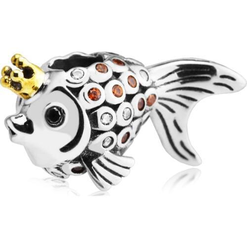 Crown goldfish King of Fish With CZ Charms Fit Silver Charm Bracelets 925 Sterling Silver Jewelry For woman DIY Wholesale