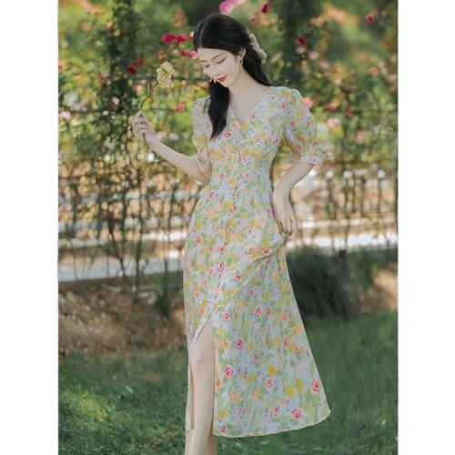 V-neck Sexy Floral Dress French Fashion Pearl Single Breasted Elegant Puff Sleeve Chiffon Vintage Dresses Summer 2021 New