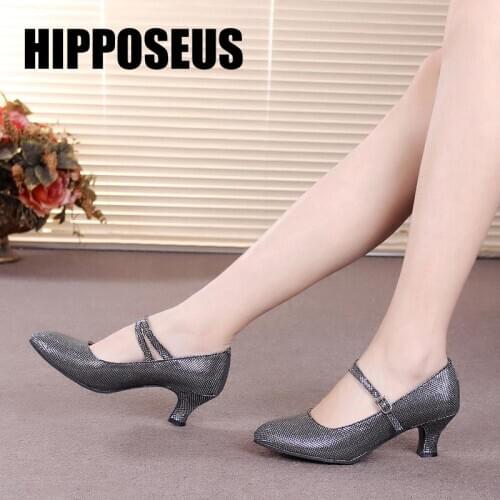 Hipposeus Dance Shoes Woman Girlss Heels Ballroom Tango Dancing Shoes Modern Ladies Shoe Sequins Cloth Sandals Rubber Sole