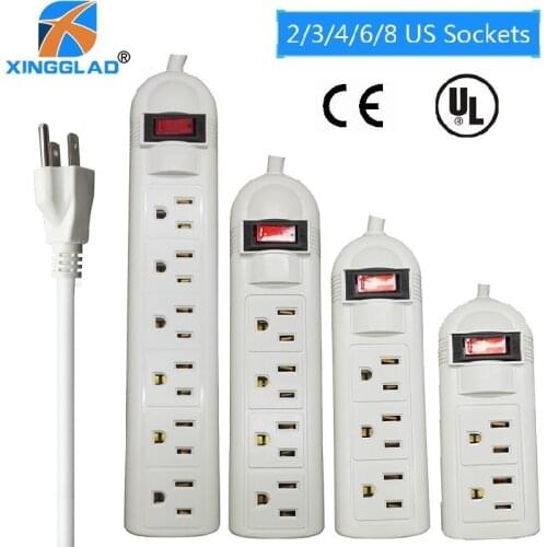 UL US American 3 Pins Plug AC Electrical Power Strip Socket Switch 2/3/4/6/8 Outlets Extension Cord Surge Protector 13A 125V