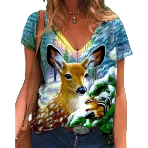 T Shirt 2021 Summer Cartoons Animals Funny Women Fashion Casual Pullover Tops Base V-neck Short Sleeves Tees Print Girls T Shirt