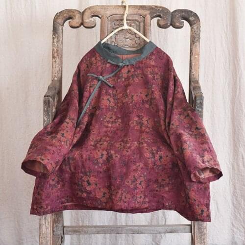 Women Loose Printed Linen Jackets Outerwear Spring Autumn Flax Chinese Style Coat Tops Female 2021 Jacket