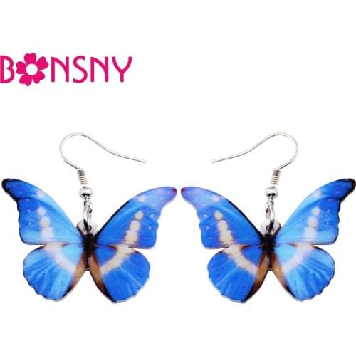 Bonsny Acrylic Pattern Drop Dangle Big Morpho Helena Butterfly Earrings For Women New Fashion Accessories Insect Jewelry