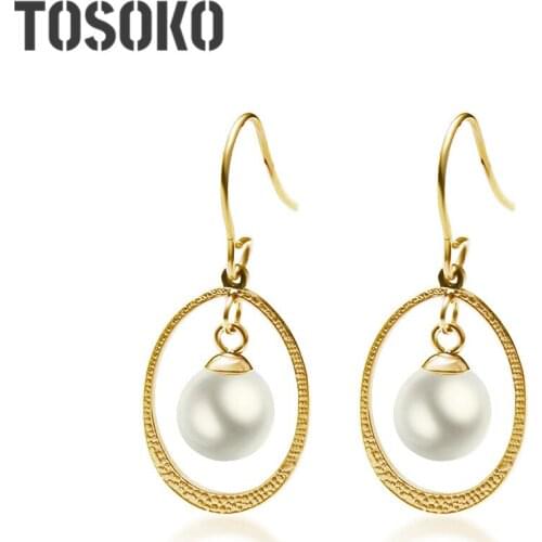 TOSOKO Stainless Steel Jewelry Geometric Oval Road Pattern Pearl Earrings Elegant Female Earrings BSF126