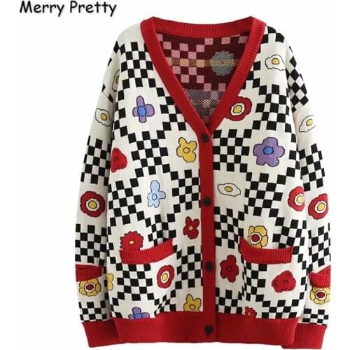 MERRY PRETTY Womens Floral Embroidery Plaid Cardigans 2020 Winter Thick Warm V-Neck Knitted Sweaters Jacquard Funny Sweater