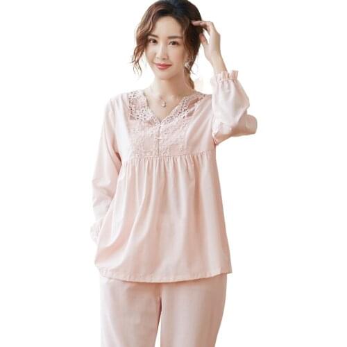 Large Size M-XXL Women V-Neck Pajamas Sets Soft Nightwear Autumn Woven Cotton Pyjamas Solid Color Sleepwear Female Pijamas Mujer