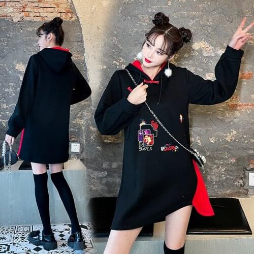 Long Sleeve Chinese Style Embroidery Improved Cheongsam Hooded Sweatshirt Women Vintage Buckle Plus Size Loose Lady Hoodies Top