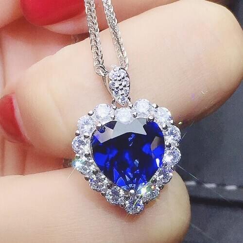 Heart shape blue crystal sapphire gemstones diamonds pendant necklaces for women white gold silver color choker jewelry gifts