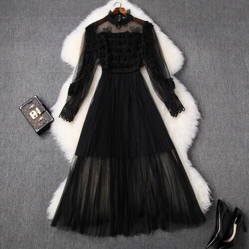 European and American womens dress 2020 summer new styles Long sleeve lantern sleeve collar lace black Fashionable dress