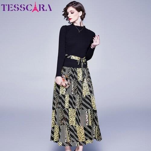 TESSCARA Women Spring & Autumn Elegant Sweater Dress Female Office Cocktail Party Robe High Quality Designer Chiffon Vestidos