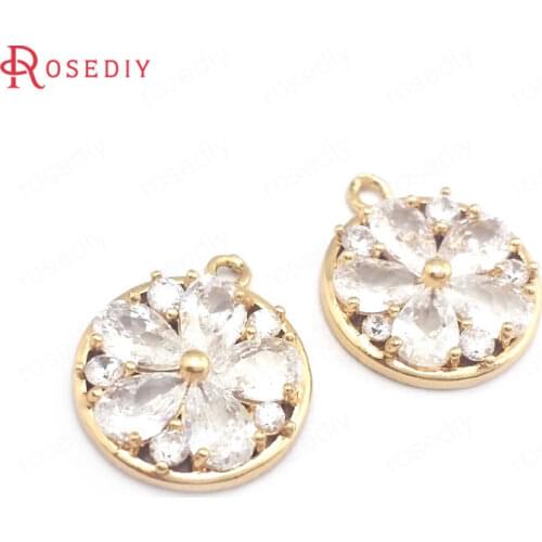 39870)6PCS 14x17MM 24K Champagne Gold Color Brass and Zircon Round Flower Charms Pendants Jewelry Making Supplies Diy Findings