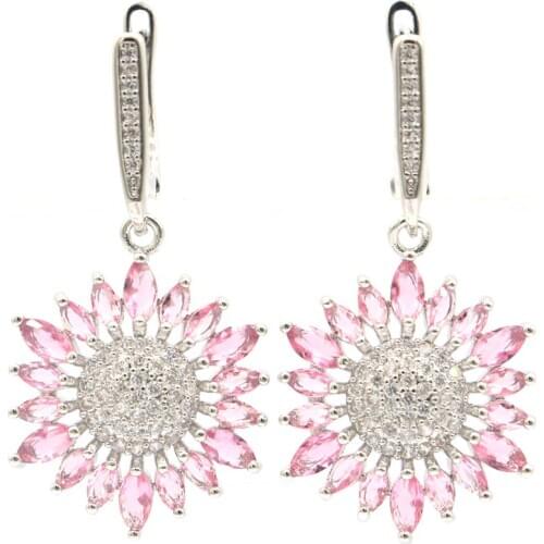 40x19mm Beautiful Flowers Shape Created Pink Tourmaline White CZ For Sister Wedding Silver Earrings