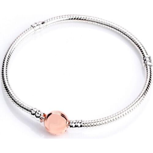 Authentic 925 Sterling Silver Pan Bracelet Classic Clasp Snake Bone Rose Gold Logo Bracelet Fit Charm Women Jewelry