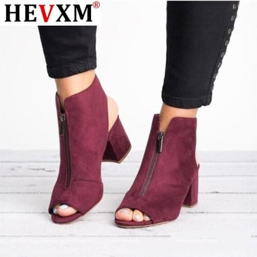 Ankle Boots Faux Suede Leather Casual Open Peep Toe High Heels Zipper Fashion Square Rubber Black Shoes For Women Size 34-43