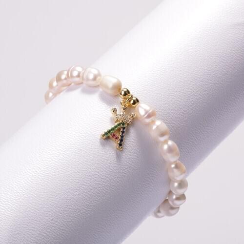 Personalized Bracelet A-Z Letter Mixed CZ 26 Initials Pendant Natural Freshwater Pearl Beaded Charms Bangle For Weddind Gift