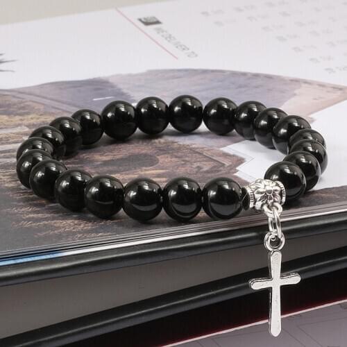 Handmade Natural Stone Cross Bracelet Black Lava Onyx Turquoises Beads Charm Bracelet for Women Men Yoga Prayer Jewelry Gifts