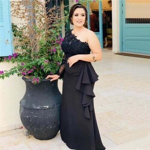 YiMinpwp Black Mermaid Evening Dresses One Shoulder Long Sleeve Appliques Beads Illusion Formal Women Prom Party Gowns Custom