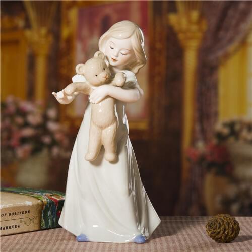 Porcelain Girl and Teddy Bear Statuette Ceramic Doll Figurine Craft Ornament Accessories for Birthday Gift and Room Decoration
