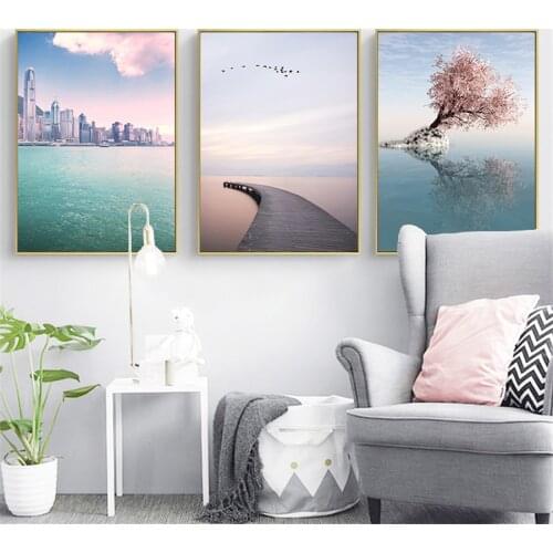 HD Printed Beautiful Seascape Pink Tree Canvas Painting Wall Art Posters And Prints Wall Pictures Living Room Decor Home Decor