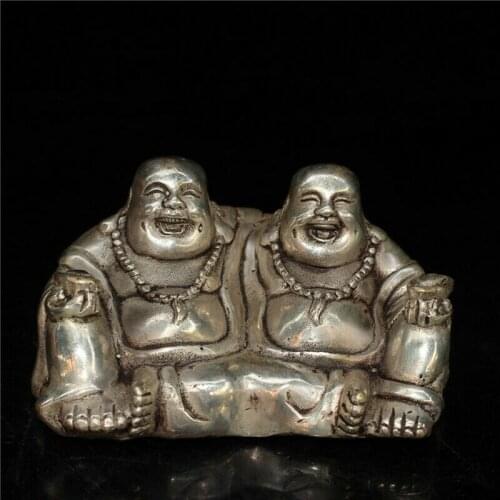 3.94" Chinese Pure copper silvering Handmade Conjoined Maitreya Buddha statue