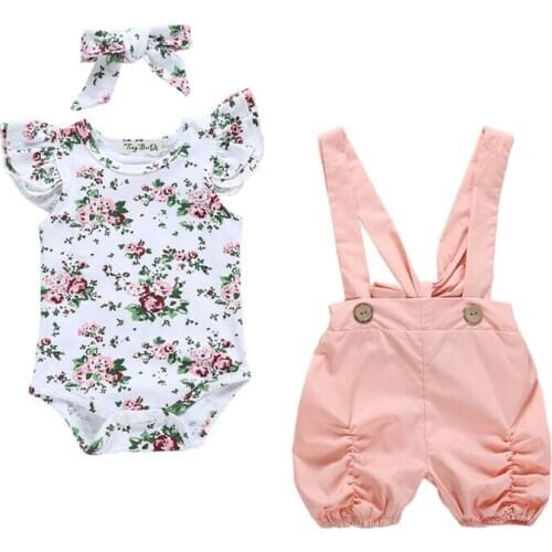 3Pcs Baby Girl Clothes Kids Floral Romper+Bib Pants Overalls+Headband Newborn Clothes Outfit Summer Casual Infant Clothing 0-18M