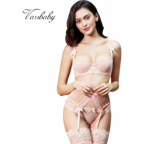 Varsbaby sexy lace transparent unlined half cup plus size bra sets bra+panties+garters+stockings 4 pcs