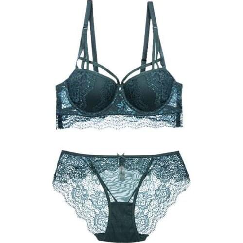 Women Lace Bra Sexy Push Up Half Cup Bra and Panties Floral Embroidery Bra Set hollow out underwear thicken lady intimates