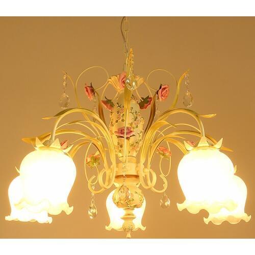 Pastoral style Korean wrought iron pendant light pink rose flower bedroom dining room hanging lighting lamp