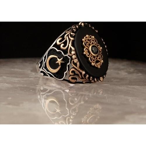 The moon the stars Model Onyx Gemstone 925 Sterling Mens Silver Ring