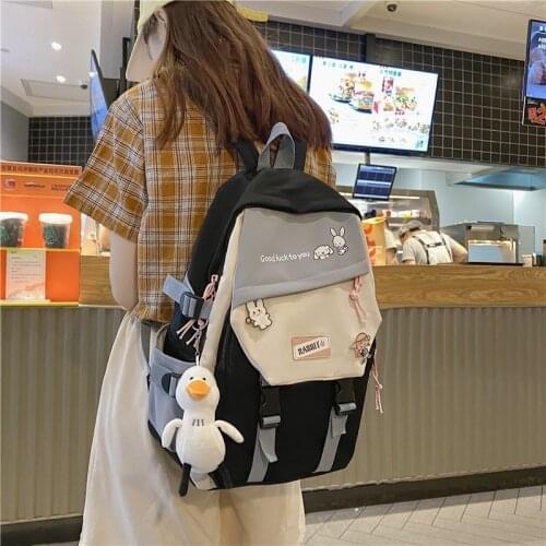 Harajuku Fashion Womens Backpack Cute Pendant Nylon School Bag for Girls Waterproof Large Capacity Contrast Color Bookbags 2021