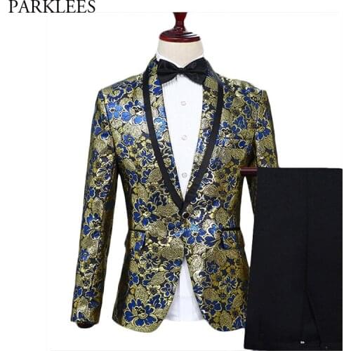 Mens Gorgeous Floral Jacquard 2 Piece Suits (Jacket+Pants+Bow) Brand Shawl Collar One Button Nightclub Wedding Tuxedos Suit Men