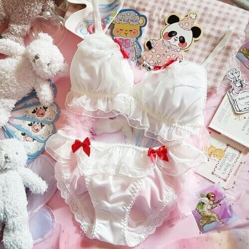 Soft Girl Japanese Cute Bowk Ruffle Underwear Bra & Panties Bikini Set White No Rims Bra Anime Sexy Cute Lolita Lingerie set
