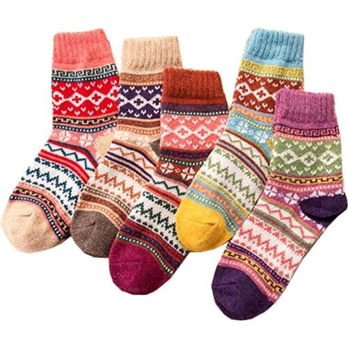 5Pairs Women Retro Imitation Woolen Thick Breathable Stripe Plaid Print Socks