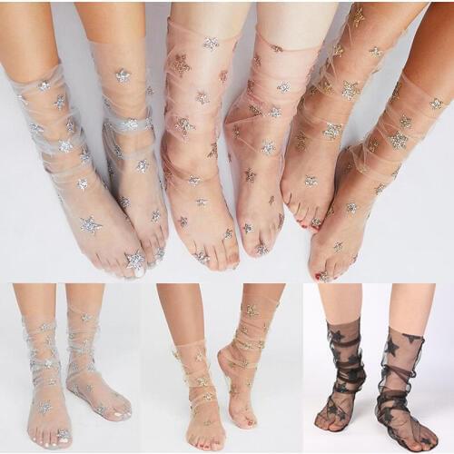 2019 New Women Glitter Thin Soft Shiny Stars Moon Socks Sheer Mesh Tulle Transparent Socks Visible Hosiery Socks Hot Selling