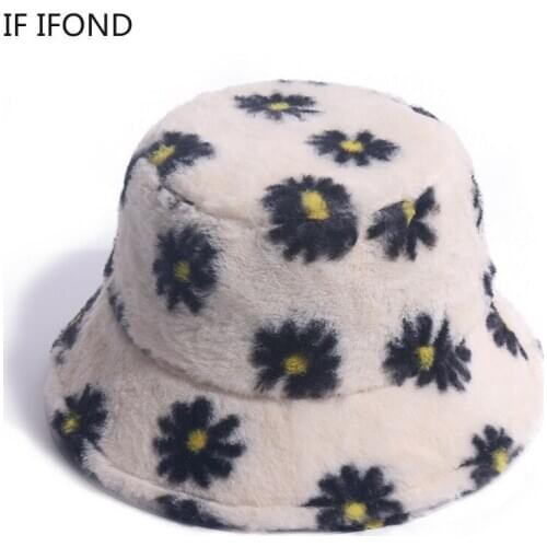 New Casual fashion Outdoor Faux Fur Chrysanthemum Pattern Bucket Hats Women Winter Soft Warm Gorros Mujer bonnet