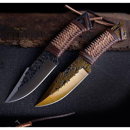 Hand Made Grain Forging Outdoor Knife High Hardness Jungle Rescue Straight Knife Portable Tactical Field Self Defense Knife