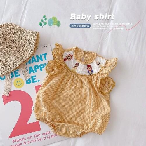 0-2 Years Old Toddler Infant Baby Flying Sleeve Romper 2021 Summer New Embroidered Baby Girl Plaid Jumpsuit Toddler Outwear