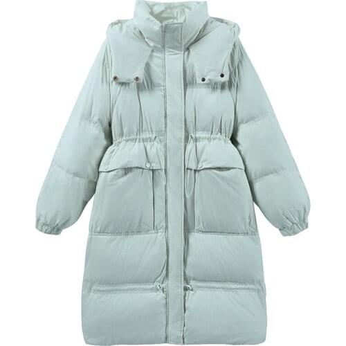 Winter 2021 new down jacket womens fashion mid-length loose waist white duck down hooded long-sleeved jacket