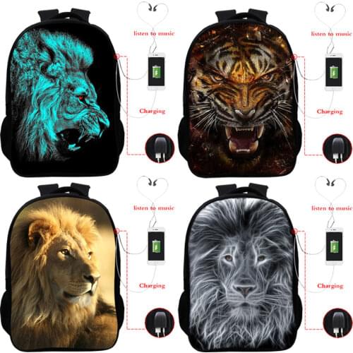 Lion 3D Printed USB Backpack Cool Animal School Backpacks Teenager Boys Usb School Bags Mens Laptop Bags Students Daily BookBag