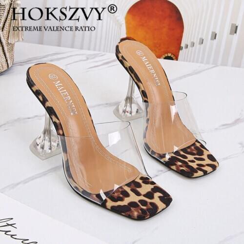 HOKSZVY 2020 Big Shoes 45 46 Leopard Print Sandals Open Toe High Heels Sexy Transparent PVC High-Heeled Heel Clear Sandals WZ