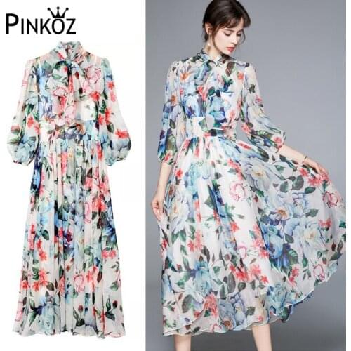 Pinkoz summer holiday flower printed chiffon midi dress luxury high quality bow collar lace up dresses casual 2021 summer autumn
