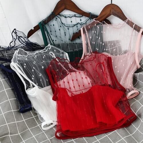 HELIAR Tops Women Sexy Transparent Mesh Crop Tops Female Solid Camis Ladies Camis With Straps Spaghetti Crop Tops Women