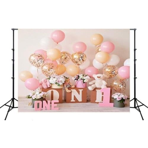 Orange Pink Balloons Girls Portrait Photography Backdrop One Year Birthday Party Photo Background Vinyl Photocall Booth Props