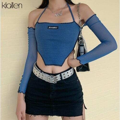 KLALIEN fashion casual patchwork letter Halter female t shirt summer mesh sleeve sexy off shoulder office lady slim wild t shirt