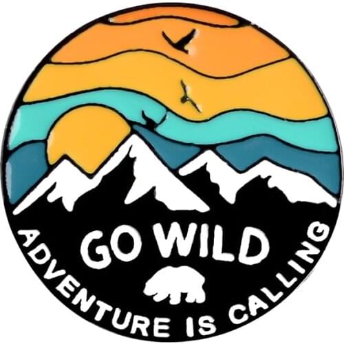 Wild Adventure Pin Round Brooch Sunset glow Snow Mountain Explore Nature Lapel Pin Custom Badge Enamel Pins For Women Men