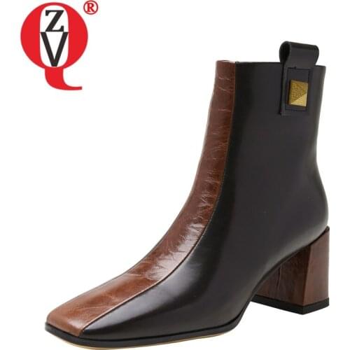 ZVQ Women winter Fashion Leisure short boots Metal decoration Square Toe Stitching color Genuine Leather Office Lady Shoes