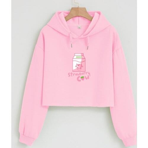 Cute Strawberry Cow Hoodie Cotton Harajuku Women Pastel Pink Sweatshirt 90s Aesthetic Drop Shoulder Crop Tops Chic Girls Clothes