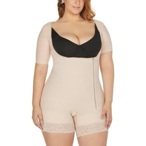 Beige Middle Sleeve Zip Adjustable Shapewear Shaper Breathable Fabric Front Closure Bodysuit Women Lace Fajas Colombianas
