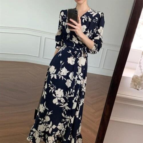 New Korean One-Piece Elegant Fashion V-Neck Bandage Long Dress 2021 Summer Vintage Floral Chiffon Dress Casual Dress Ladies Robe